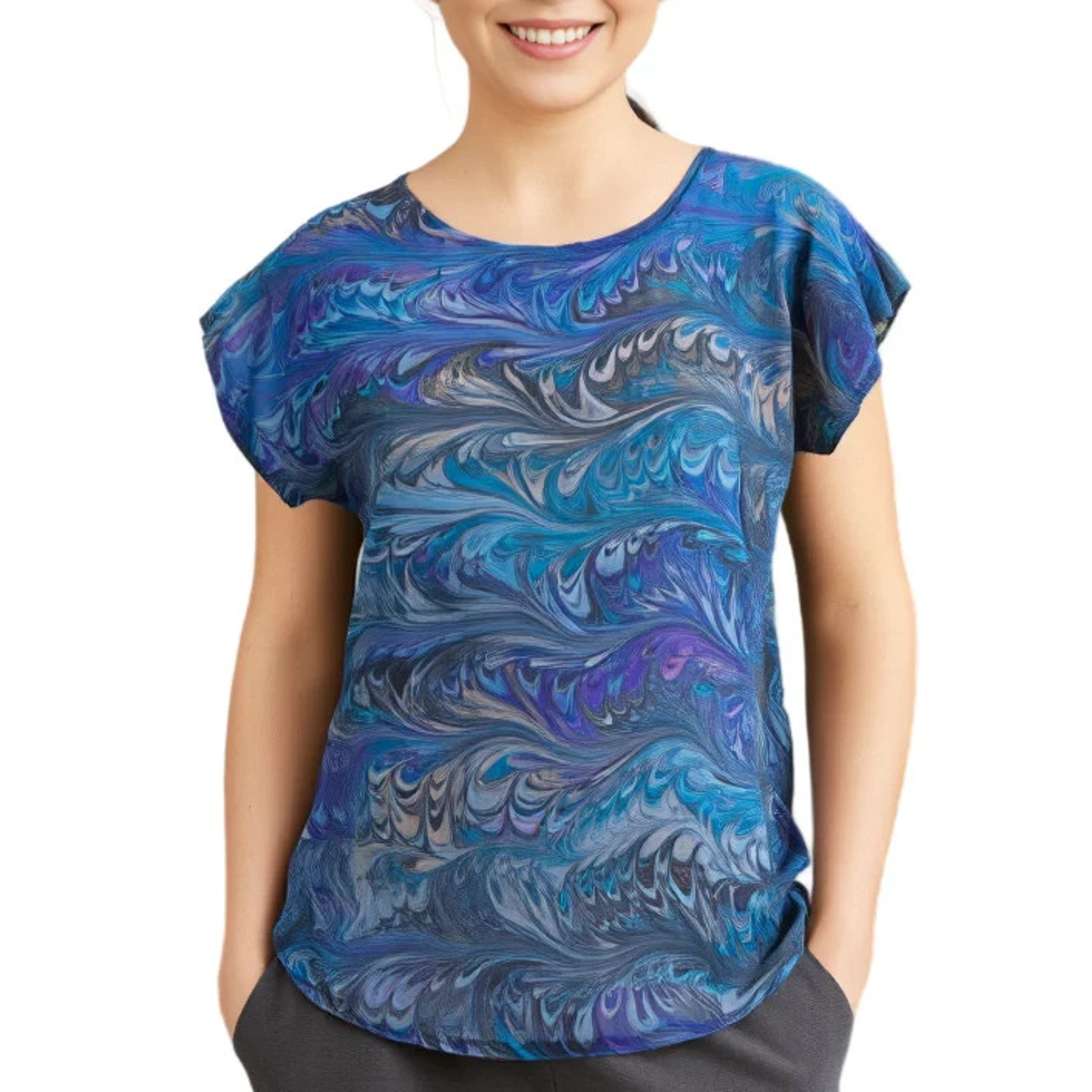 Susan Marling Marbled Silk Blouse Xs Blue Abstract Swirl Cap Sleeve Wearable Art